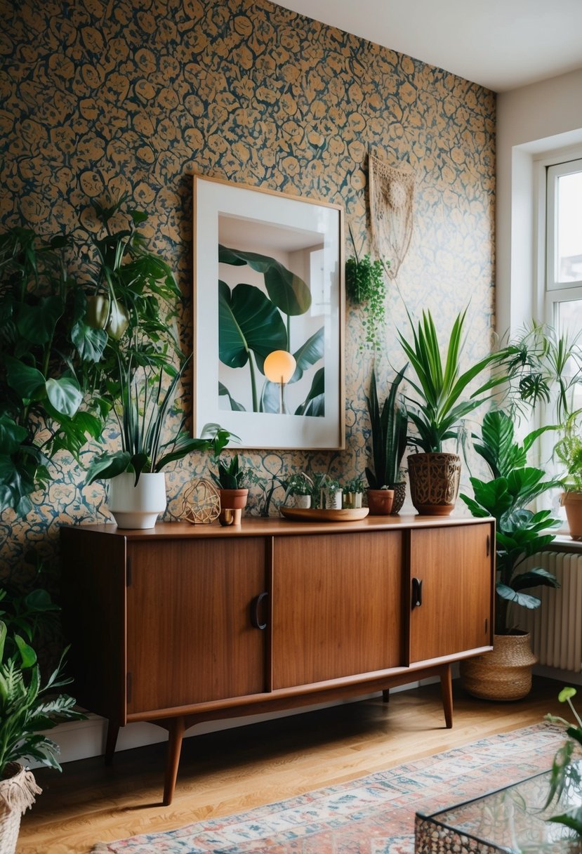 A mid-century sideboard stands against a patterned wallpaper in a boho vintage living room, adorned with plants and eclectic decor
