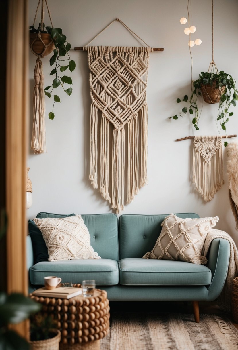 A cozy vintage living room with a macramé wall hanging as the focal point, surrounded by bohemian decor and natural elements