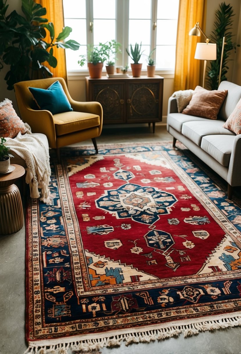 A vintage Persian rug anchors a boho living room with eclectic decor and cozy seating