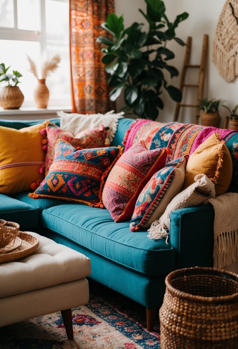 A cozy boho living room with eclectic throw pillows in vibrant colors and vintage patterns, adding warmth and character to the space
