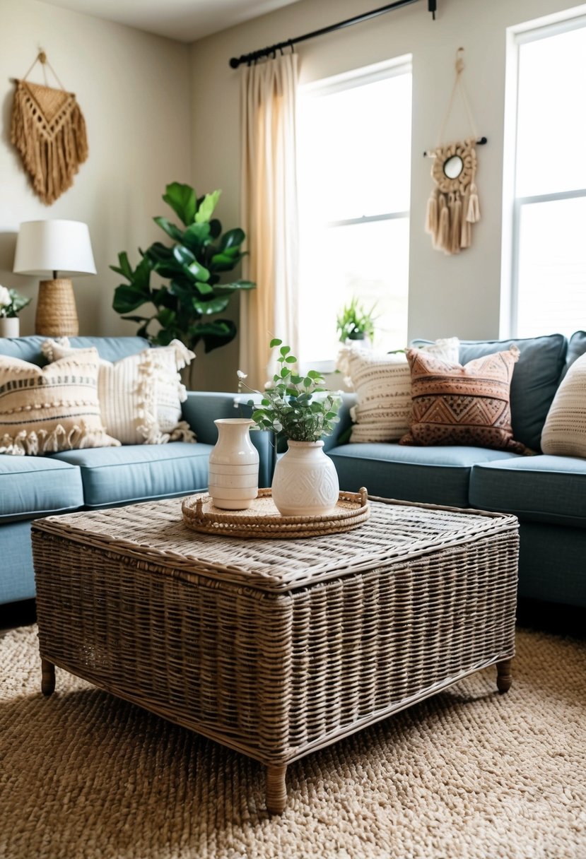 A wicker coffee table surrounded by vintage boho decor in a cozy living room setting