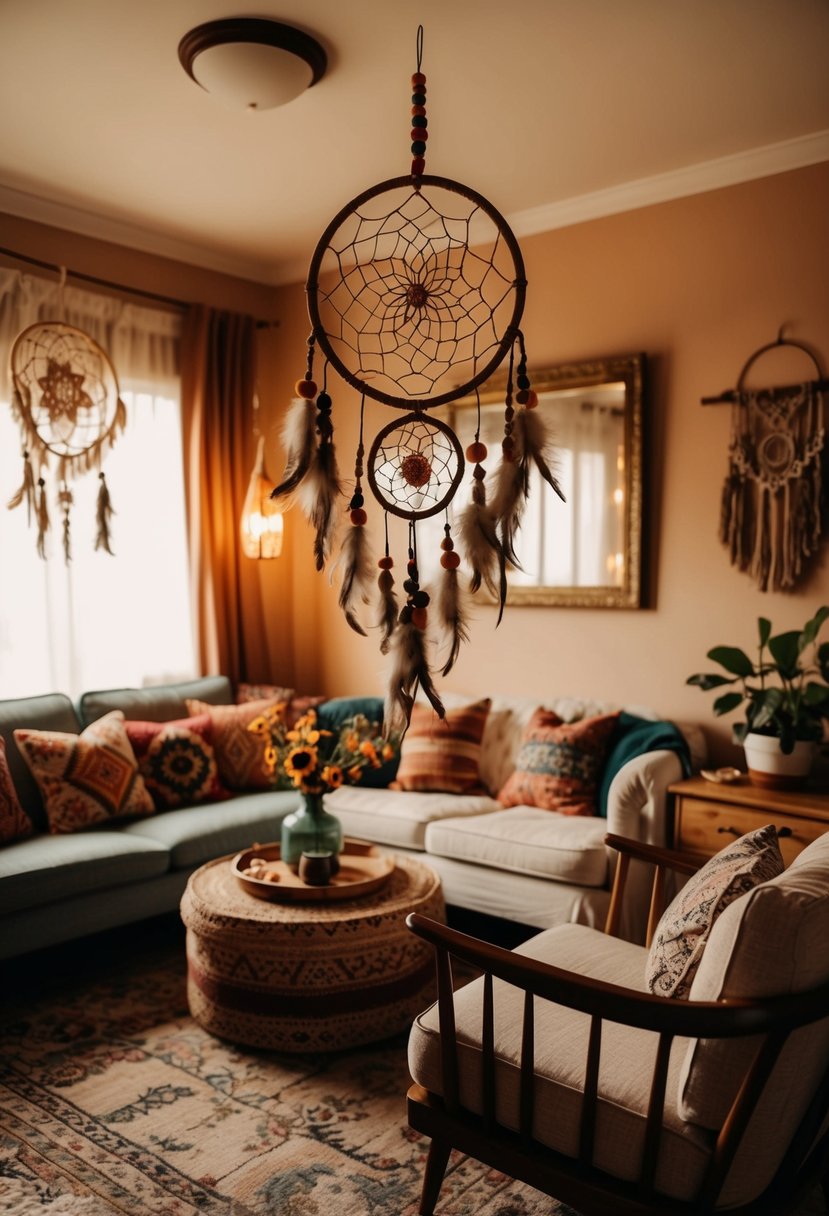 A cozy vintage living room with a handmade dream catcher hanging above a bohemian-inspired seating area. Warm tones and eclectic decor complete the boho vibe