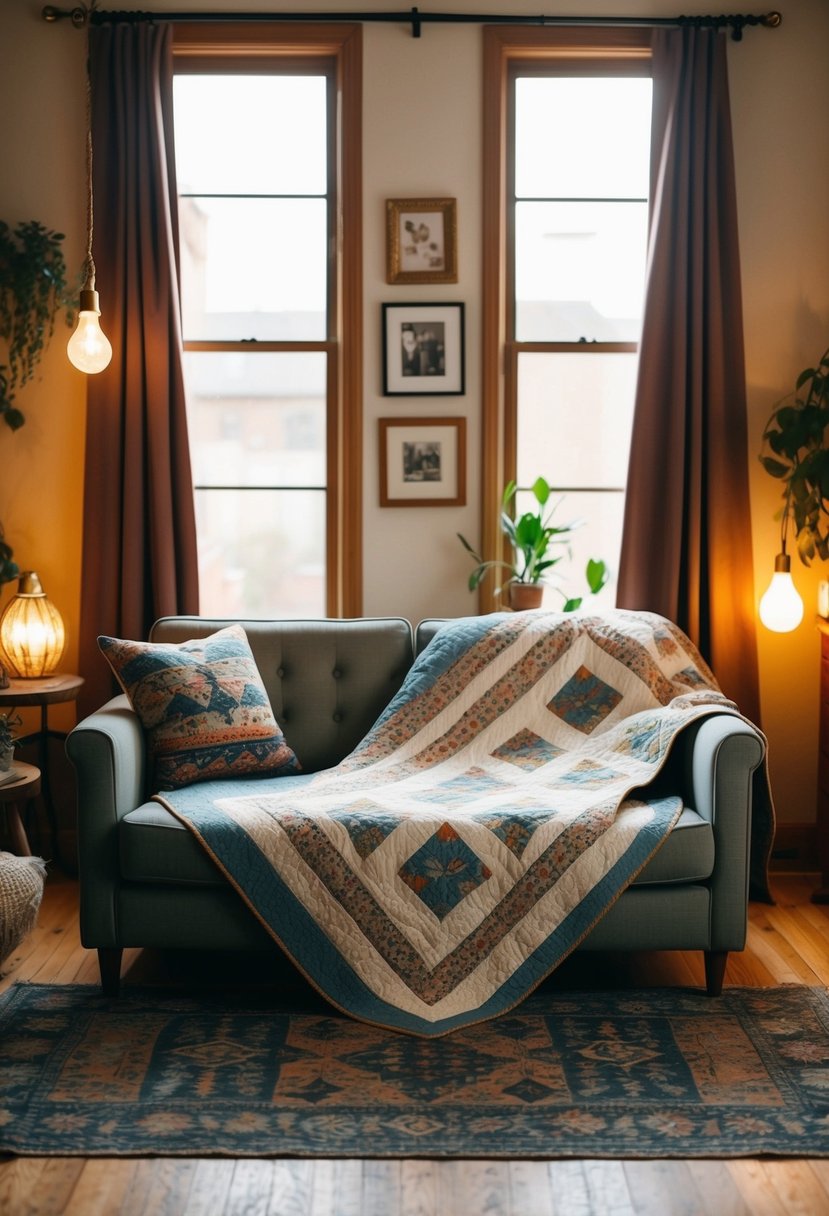 A cozy vintage living room with a patterned quilt draped over a sofa, surrounded by bohemian decor and warm lighting