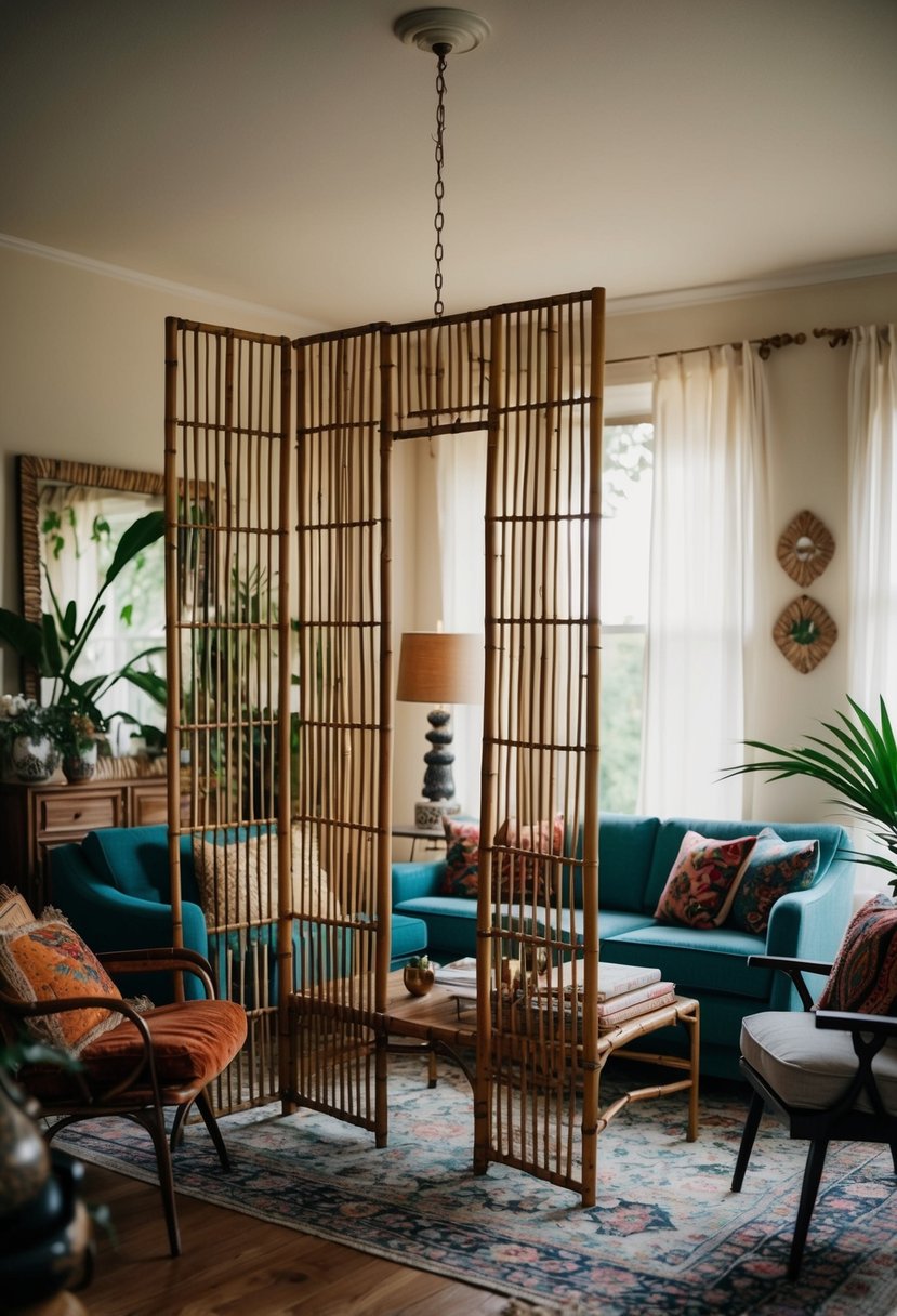 A vintage living room with a bamboo room divider as a focal point, surrounded by bohemian decor and eclectic furniture