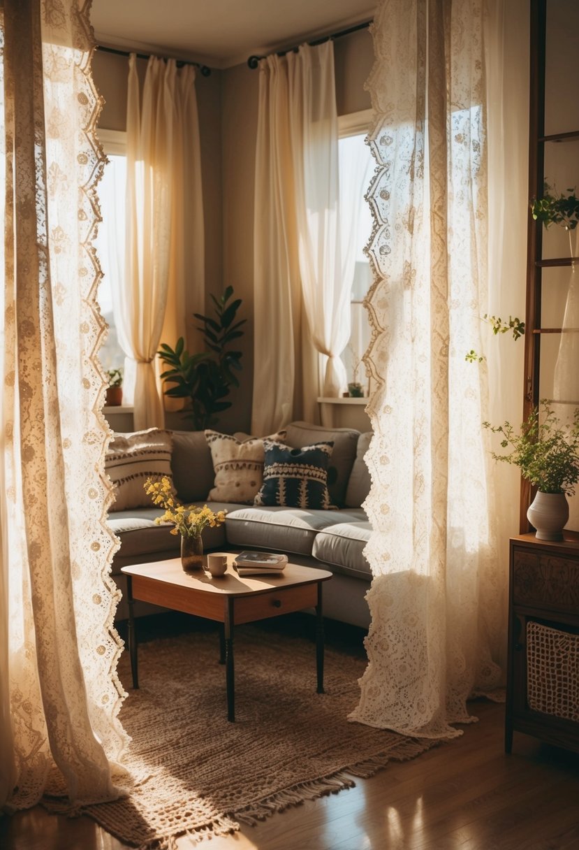 Sunlight filters through lace curtains onto a cozy vintage living room with boho decor