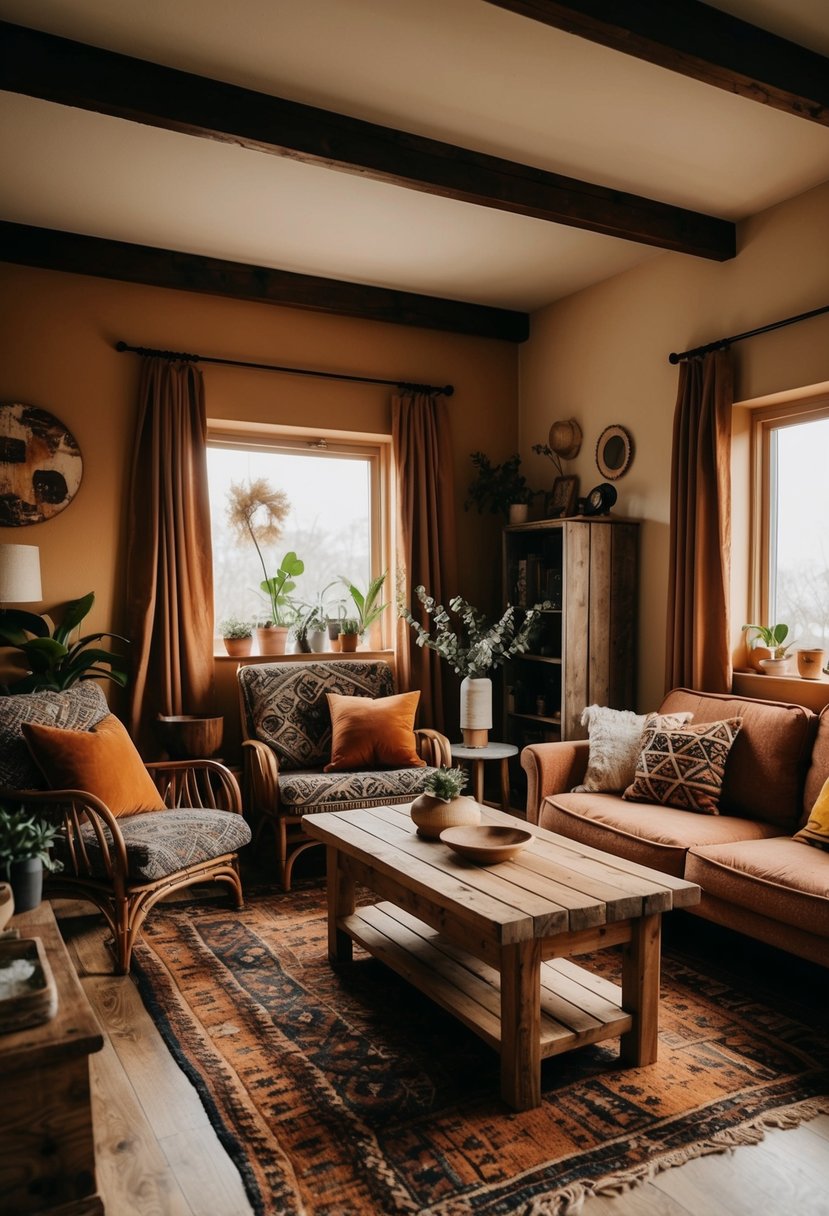 A cozy, bohemian living room filled with vintage furniture made from reclaimed wood. A mix of earthy tones and eclectic patterns create a warm and inviting space
