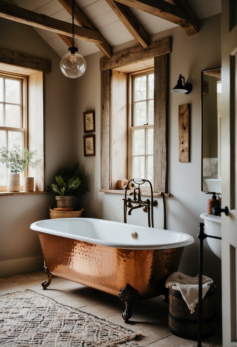 A spacious cottage bathroom with a freestanding copper tub as the focal point, surrounded by rustic decor and natural light
