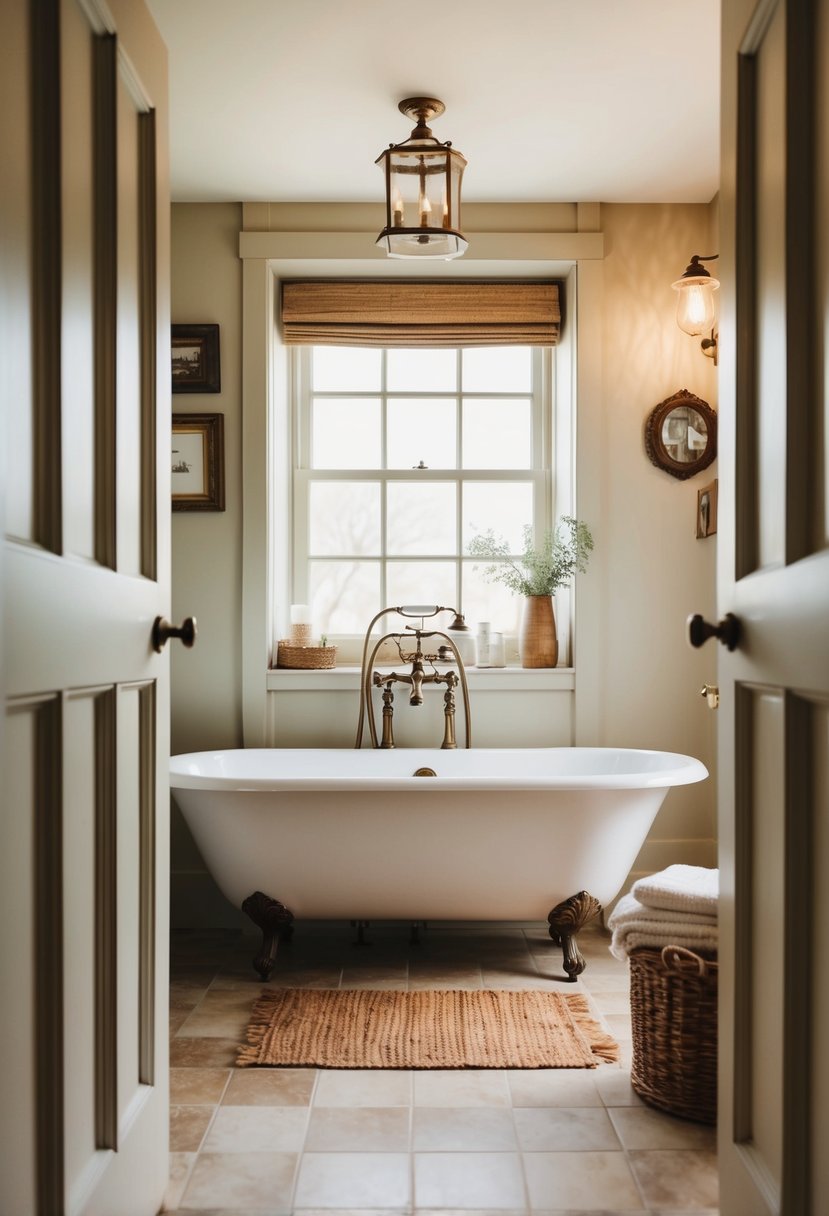 A cozy cottage bathroom with a vintage clawfoot bathtub as the focal point, surrounded by rustic decor and soft lighting