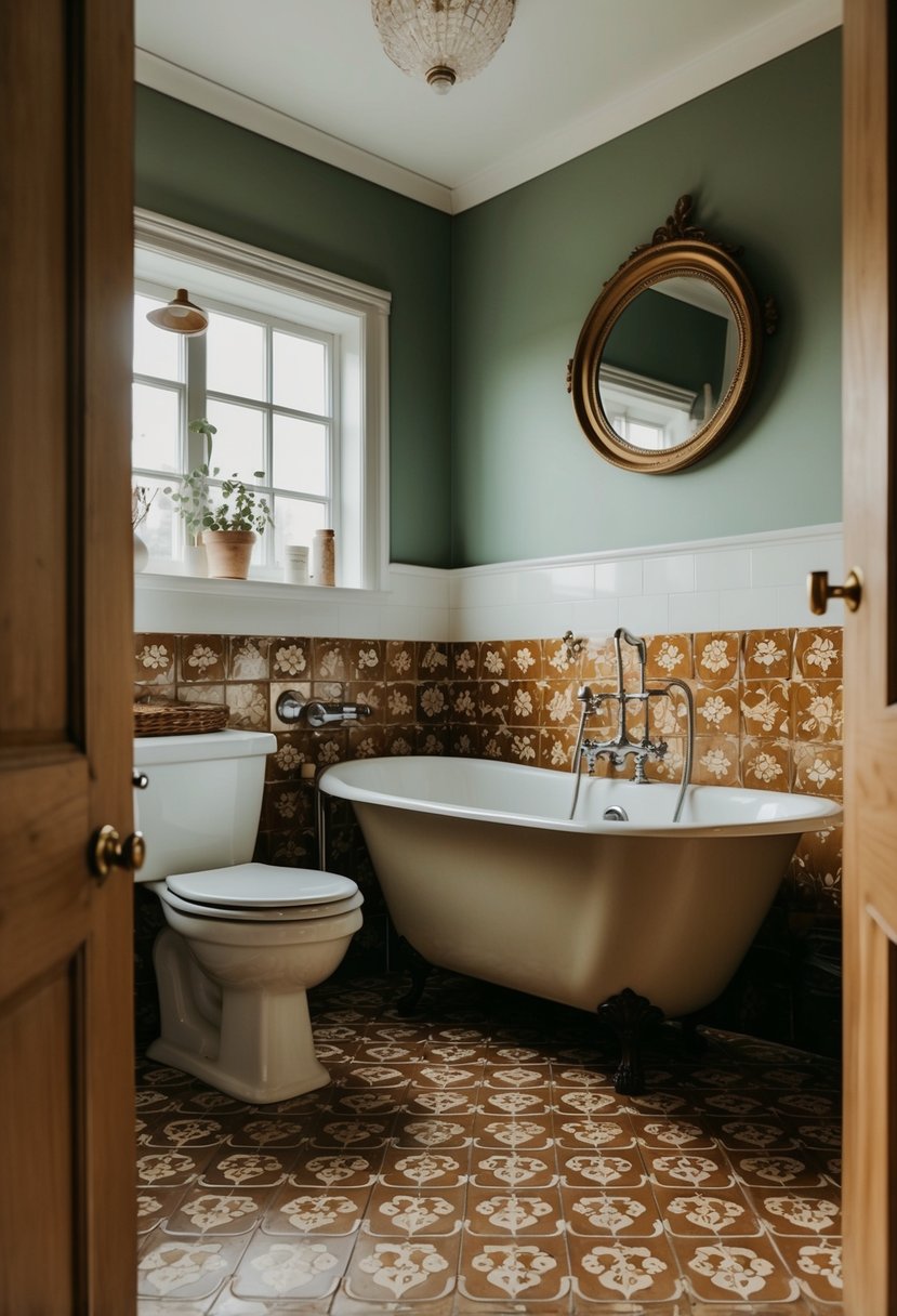 A cozy cottage bathroom with patterned floor tiles in earthy tones and a vintage-inspired design