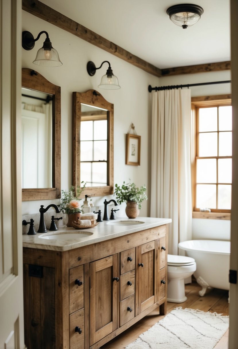 A cozy, cottage-style bathroom with rustic wood vanities and charming, vintage decor