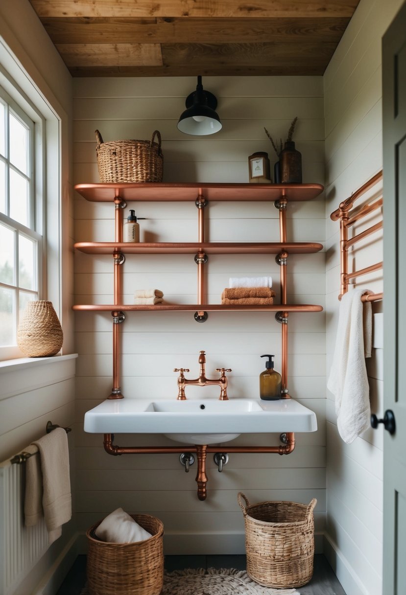 A rustic cottage bathroom with copper pipe shelving and natural elements