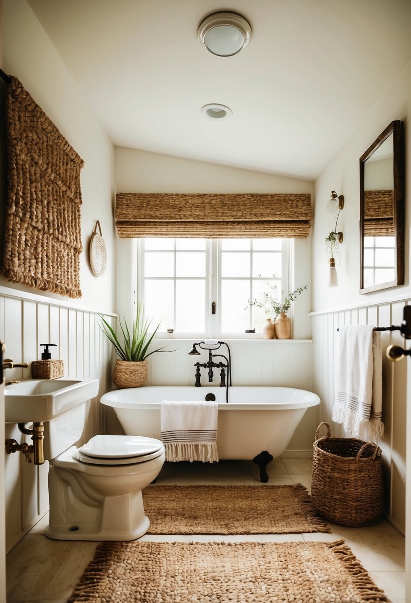 A cozy cottage bathroom with seagrass rugs, natural light, and rustic decor