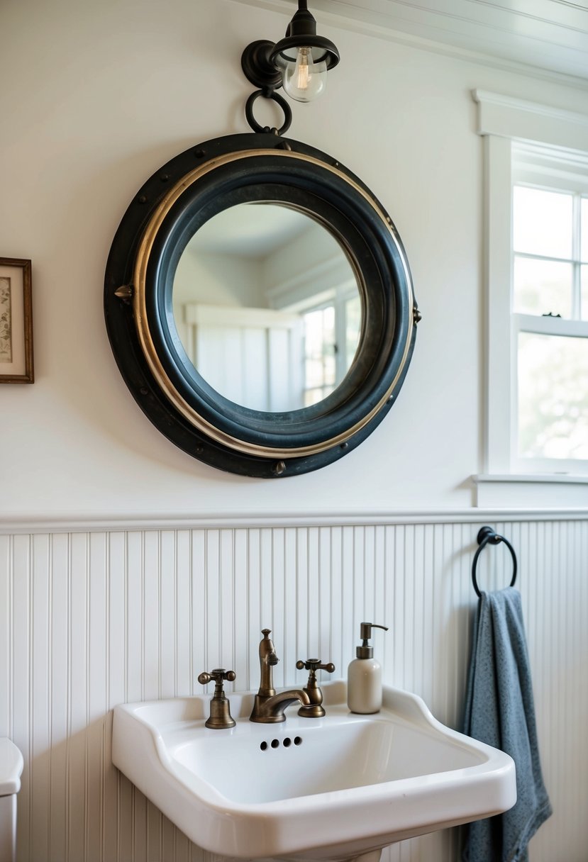 A vintage porthole mirror hangs above a rustic sink in a cozy cottage bathroom, surrounded by white beadboard walls and soft, natural light
