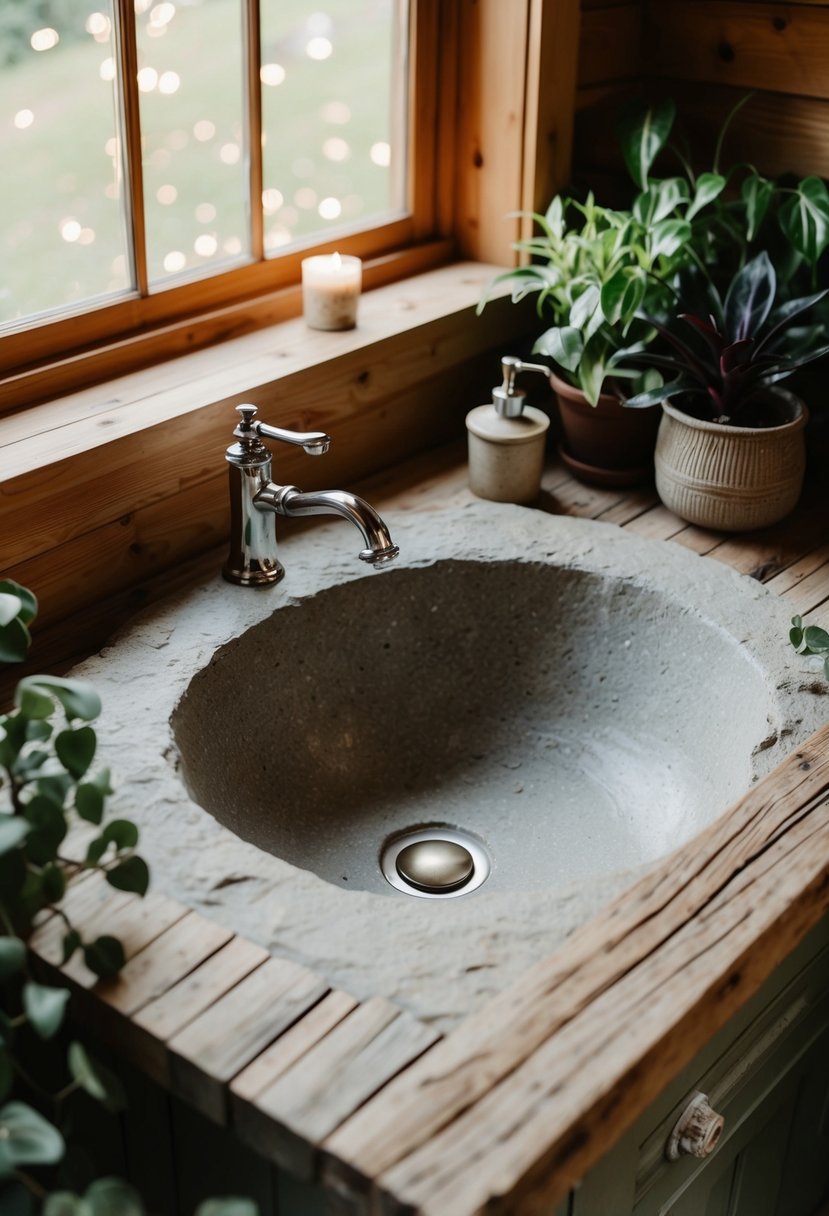 A rustic stone sink surrounded by wood and plants in a cozy cottage bathroom