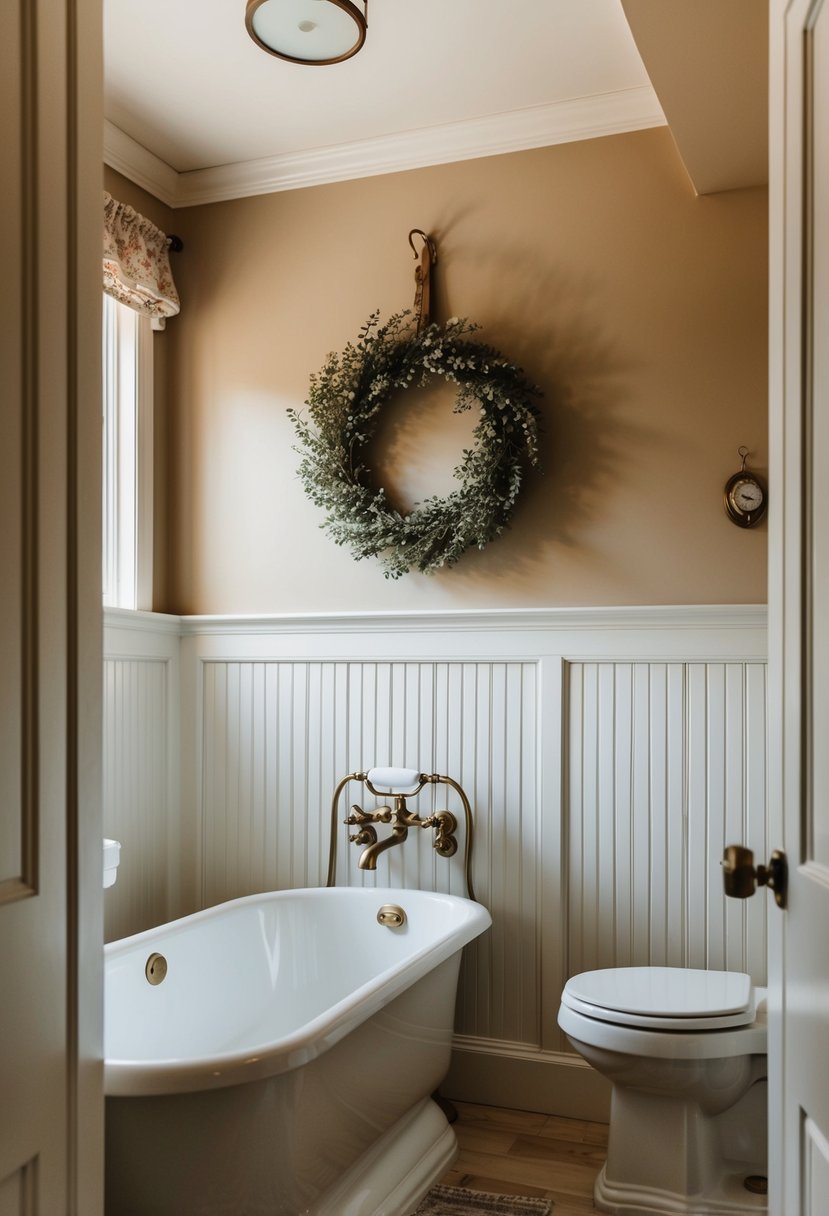 Wainscoting panels accent a cozy cottage bathroom with rustic charm
