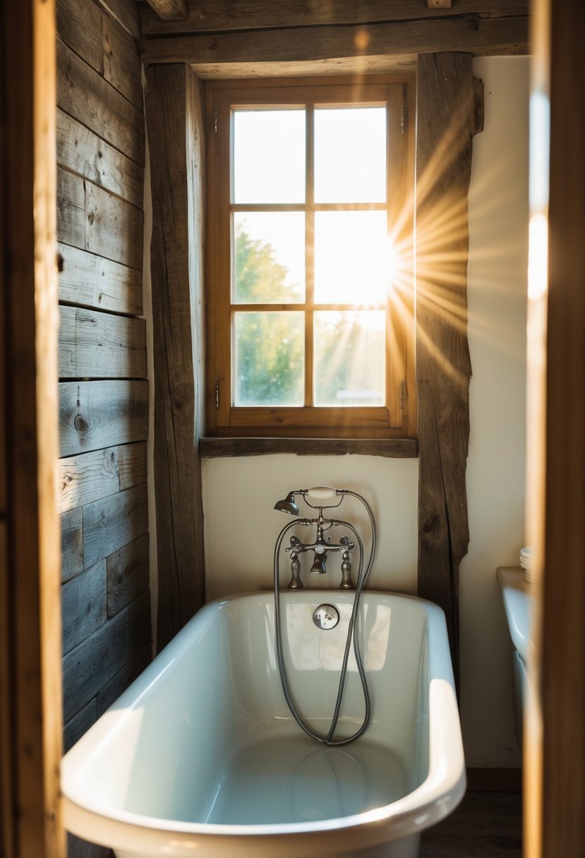 Sunlight streams through a small window, illuminating a rustic bathroom with exposed wooden beams and a vintage bathtub