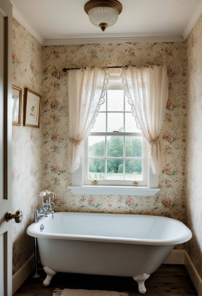 A cozy cottage bathroom with vintage floral wallpaper, a clawfoot bathtub, and a small window with lace curtains