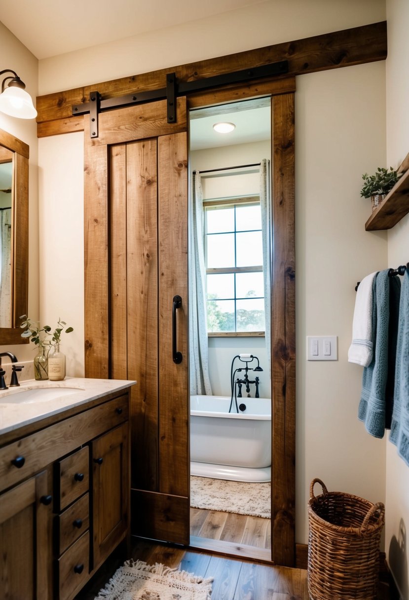 A rustic barn door slider in a cozy cottage bathroom