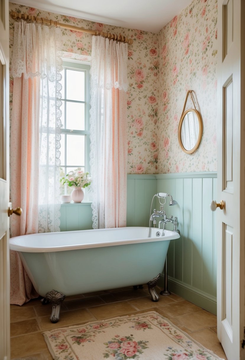 A cozy cottage bathroom with pastel color palettes, featuring a clawfoot bathtub, floral wallpaper, and delicate lace curtains