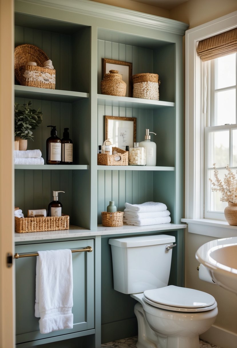A cozy cottage bathroom with open shelving units displaying various decorative items and toiletries