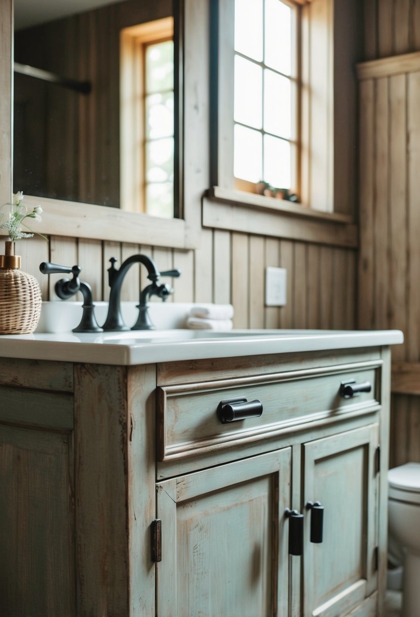 A rustic cottage bathroom with ceramic pull handles on a weathered vanity cabinet