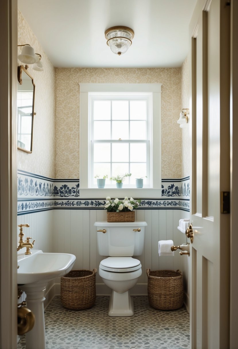 A cozy cottage bathroom with stenciled wallpaper borders, vintage fixtures, and soft, natural lighting