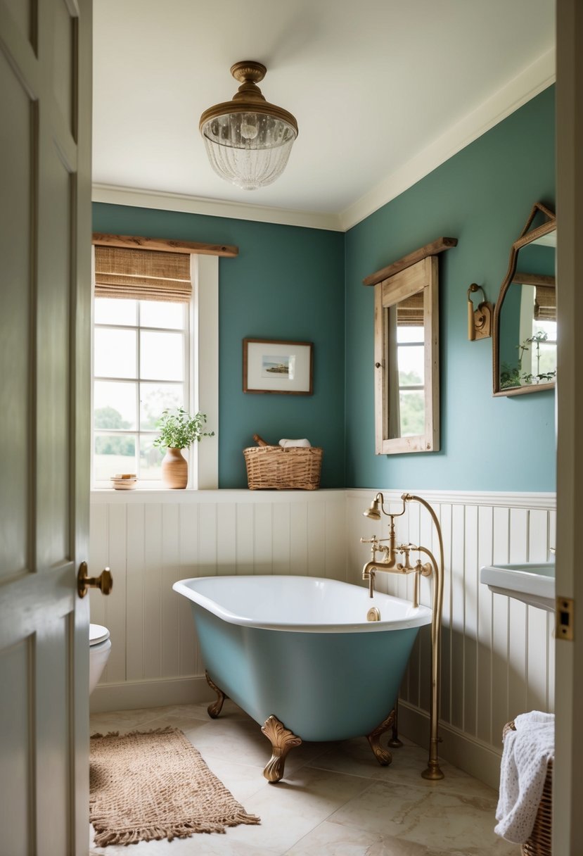 Chalk-painted walls in a cozy cottage bathroom with rustic decor and natural light