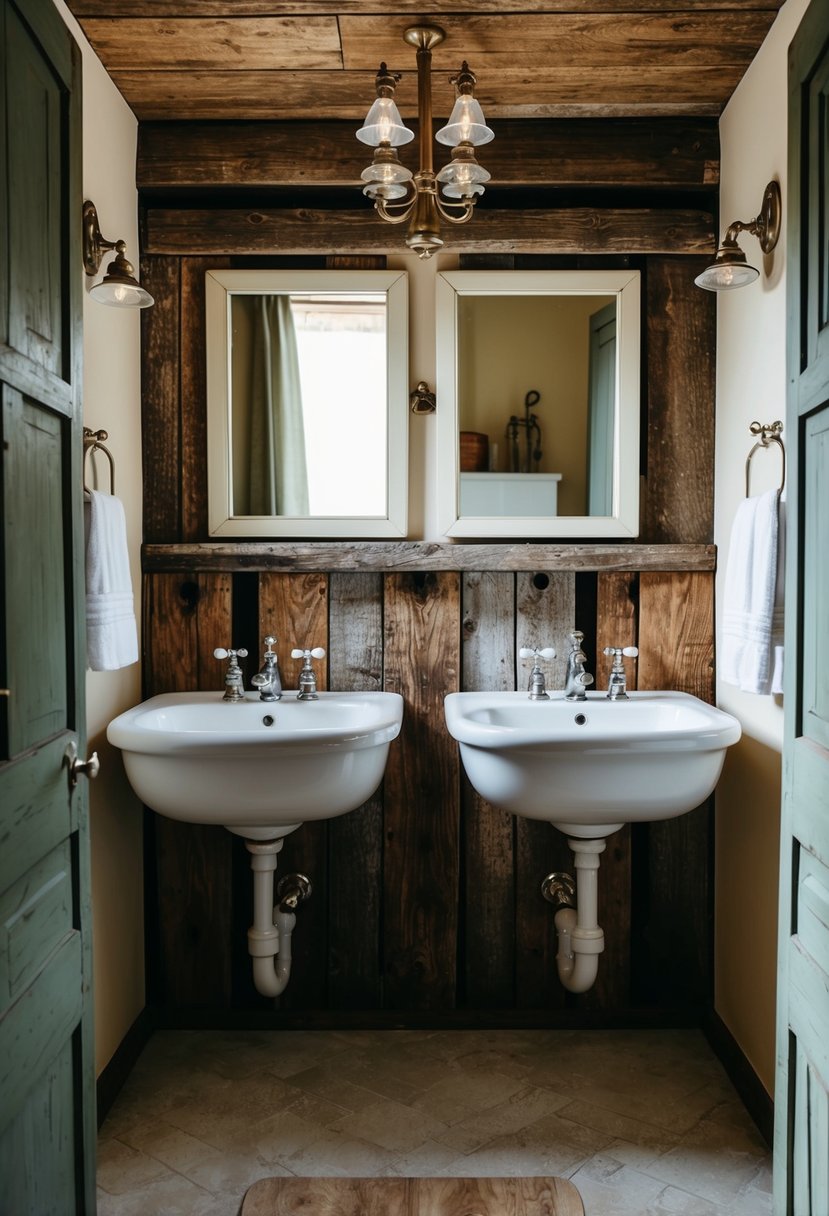A rustic cottage bathroom with twin porcelain washbasins set against a backdrop of weathered wood and vintage fixtures