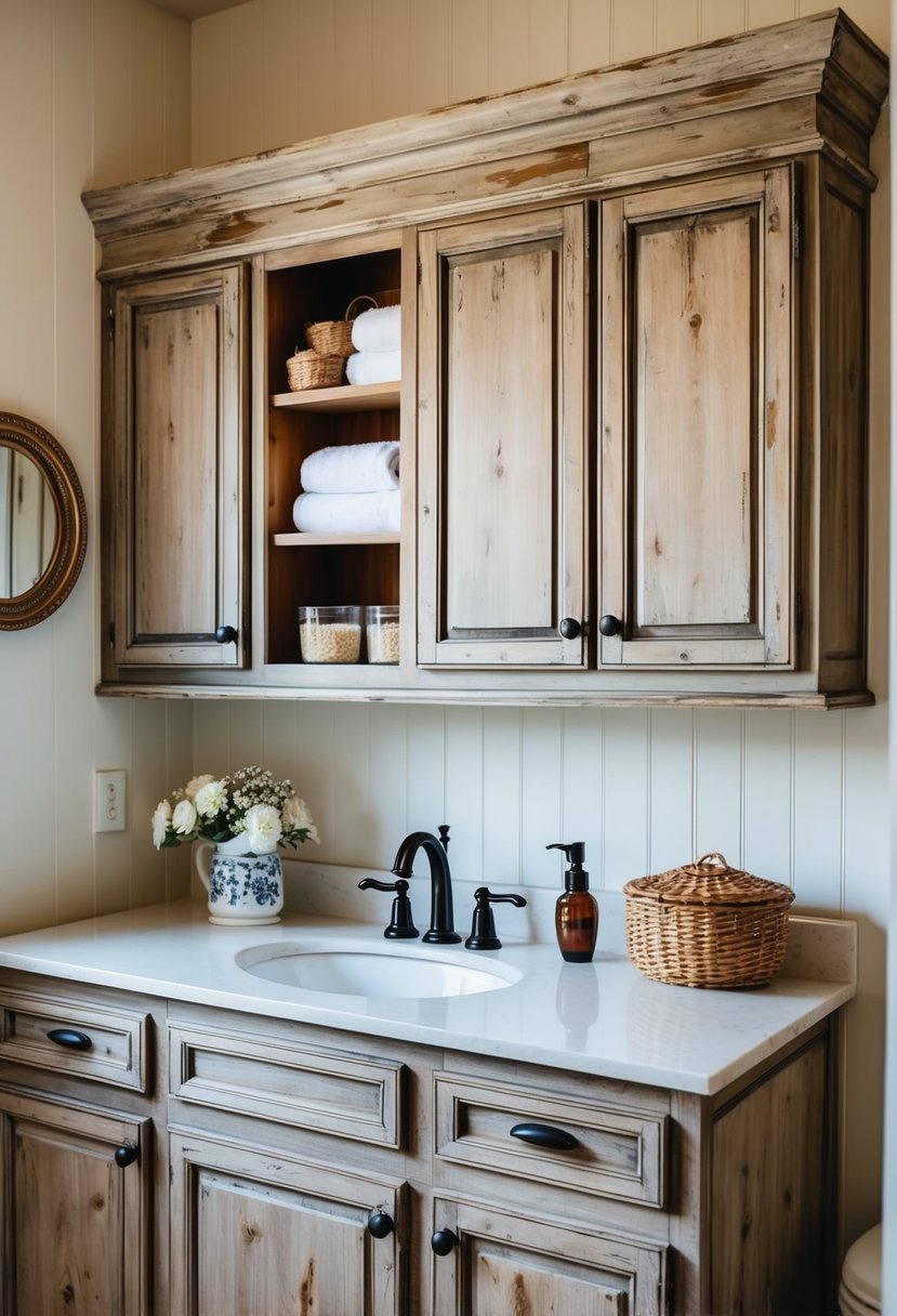 Distressed wood cabinets in a cozy cottage bathroom