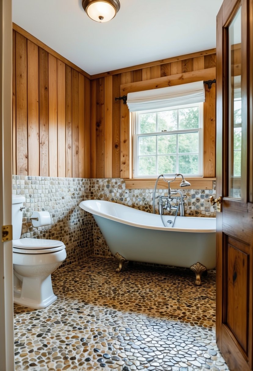 A cottage bathroom with mosaic pebble tile flooring, surrounded by rustic wooden walls and a vintage clawfoot bathtub