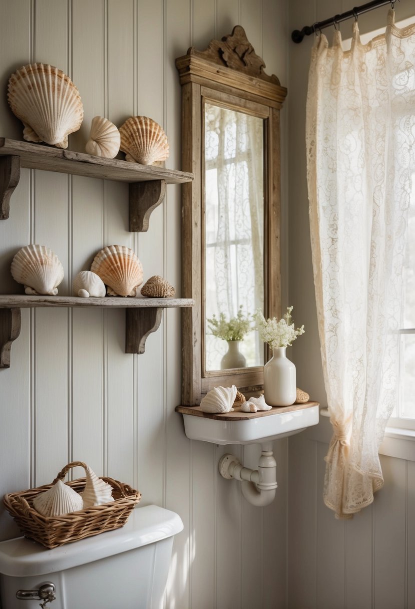 A rustic cottage bathroom with seashell accessories on a weathered wooden shelf, a vintage mirror, and soft, natural lighting filtering through a lace curtain