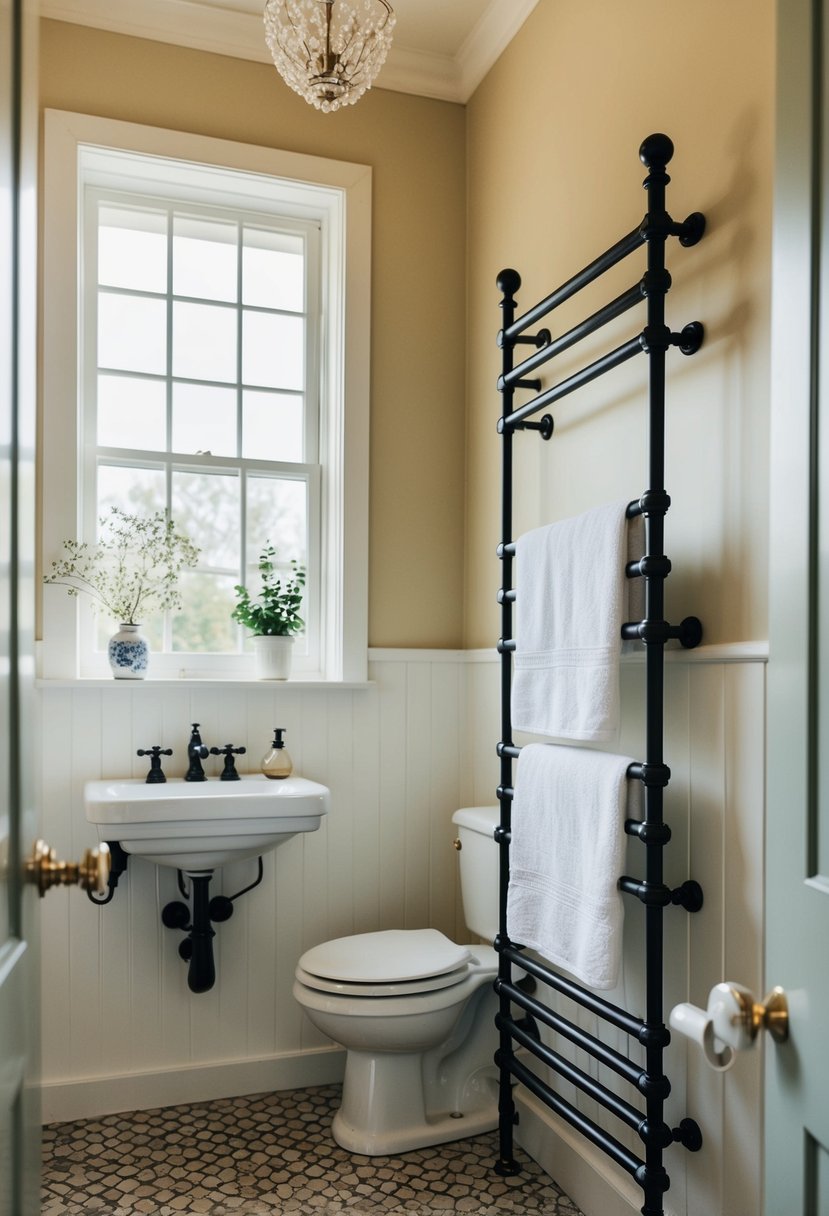 A vintage-style bathroom with black wrought iron towel racks and a cozy cottage atmosphere
