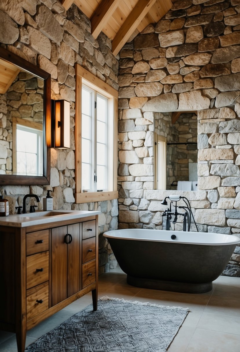 A rustic bathroom with stone feature walls, a freestanding bathtub, and a large mirror above a wooden vanity