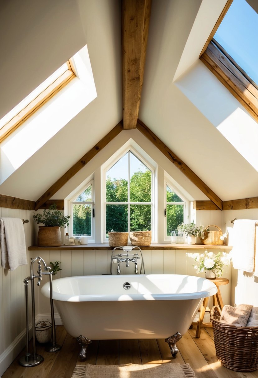 Sunlight streams through peaked roof skylights into a cozy cottage bathroom with rustic decor and a clawfoot tub