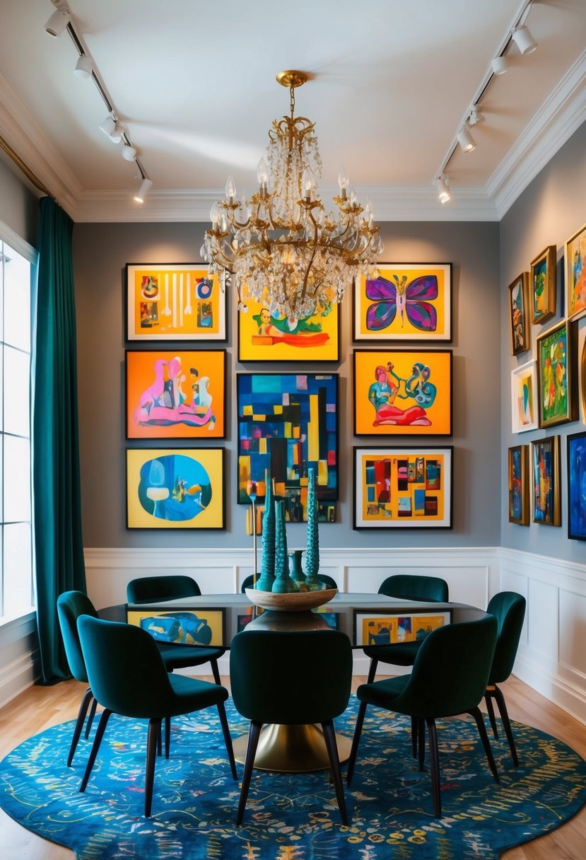 An eclectic art gallery wall adorned with vibrant paintings and sculptures in a maximalist dining room