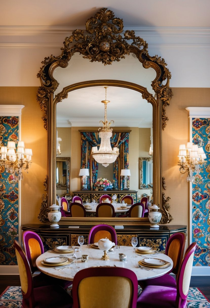 An ornate, oversized antique mirror hangs above a lavish, opulent dining room filled with bold patterns and rich colors