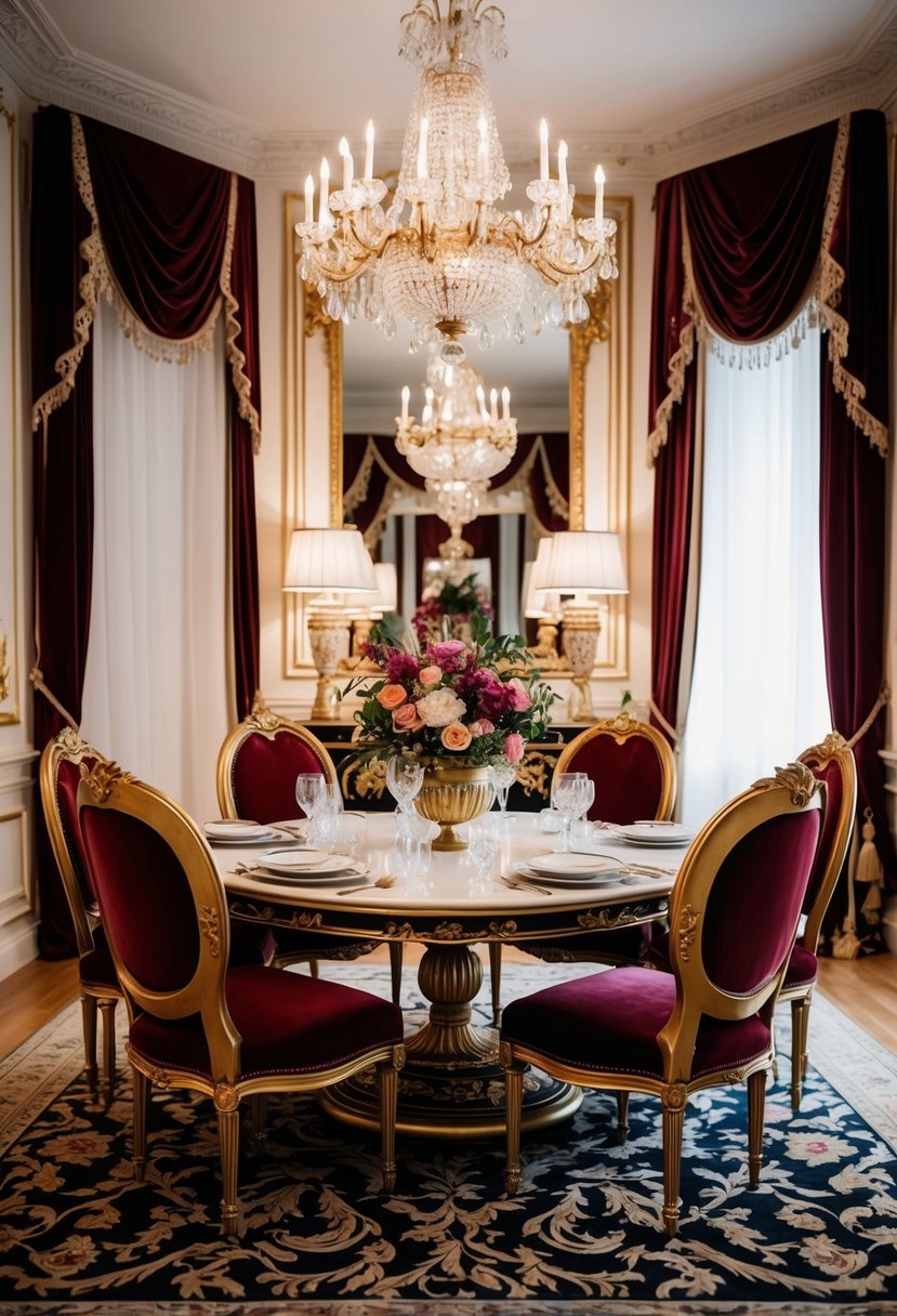 A lavish dining room with ornate vintage velvet chairs, rich colors, and opulent decor