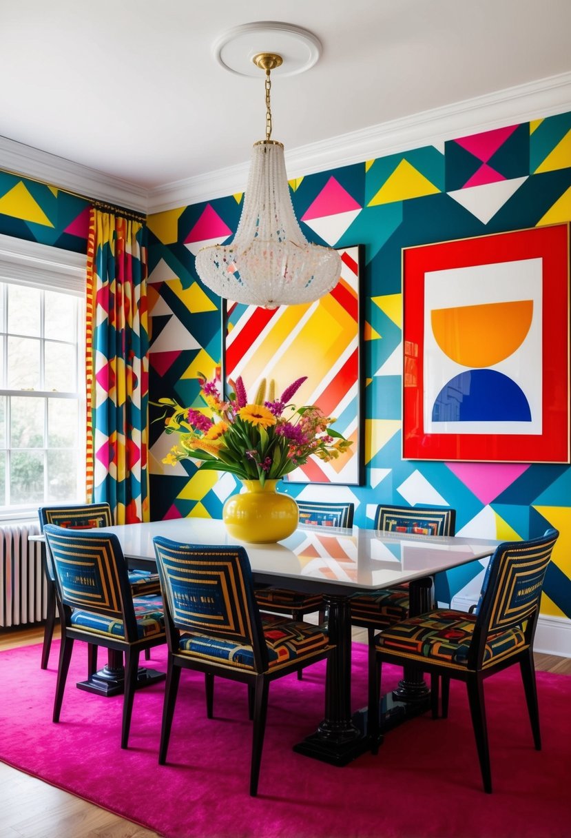 A vibrant dining room with bold geometric wallpaper, colorful artwork, and eclectic furniture