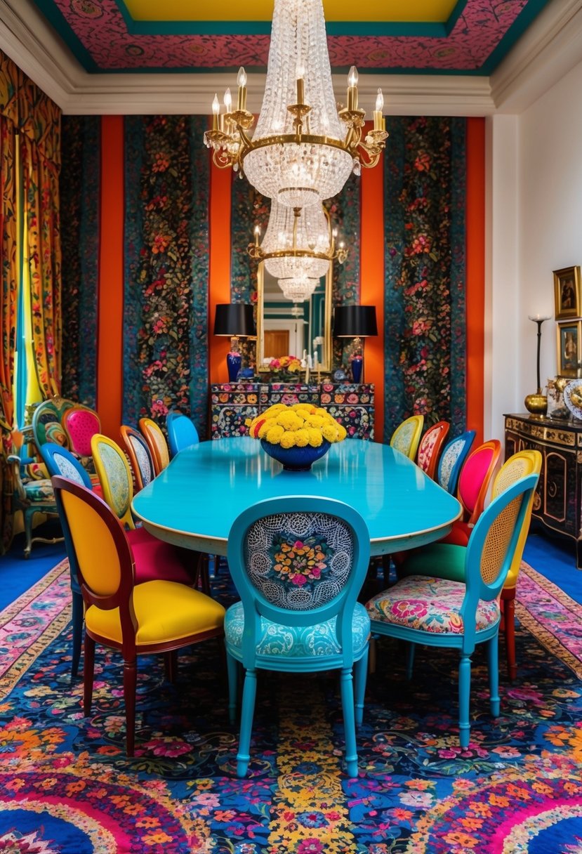 A colorful array of mismatched dining chairs surround a large, ornate table in a vibrant, eclectic dining room. Rich patterns and textures create a maximalist aesthetic