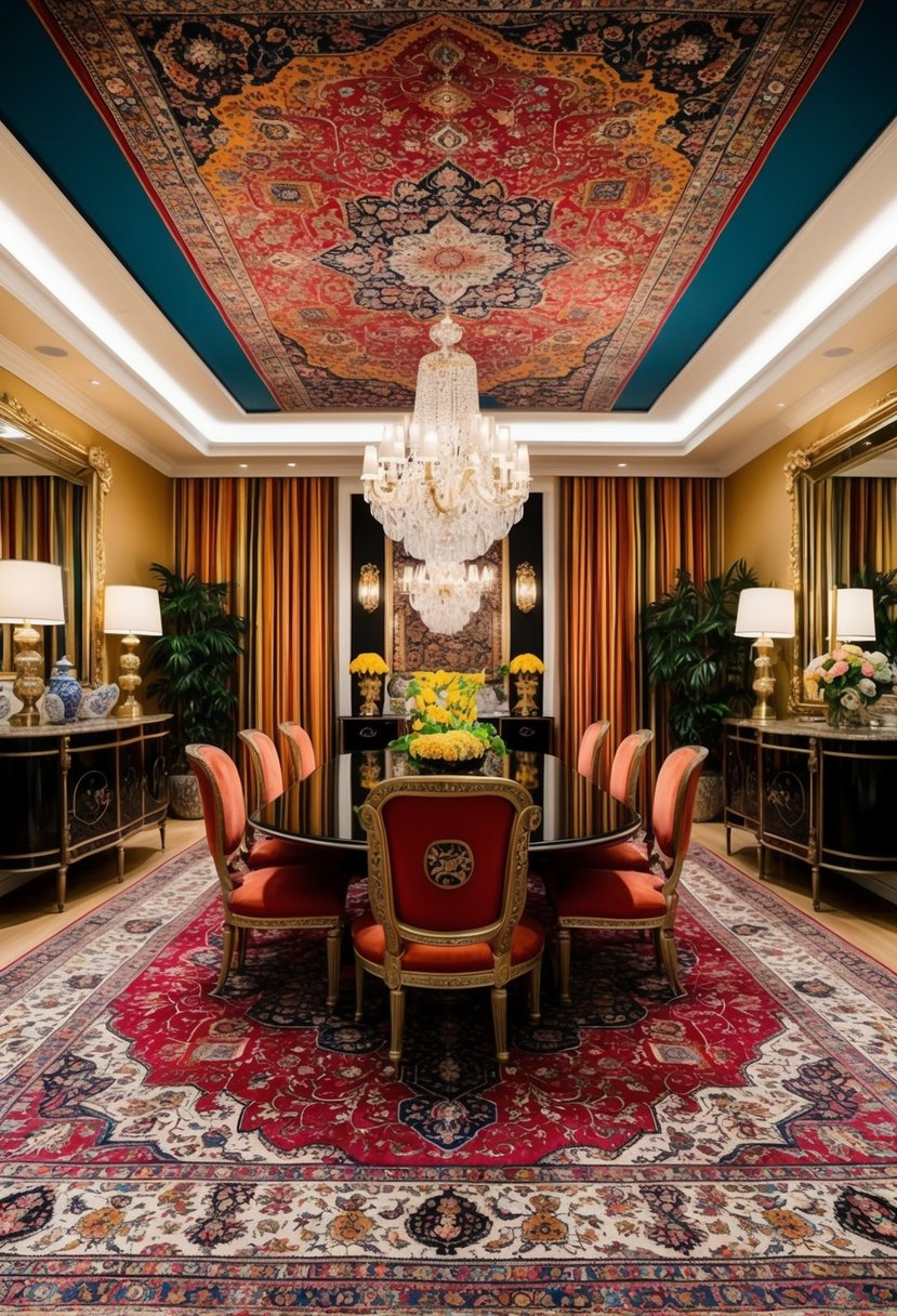 A large, ornate Persian rug anchors a lavish dining room filled with vibrant colors, bold patterns, and opulent decor