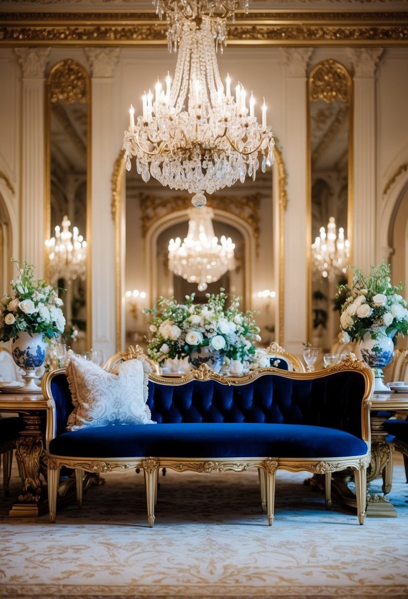 A lavish velvet upholstered bench sits in a grand, opulent dining room adorned with ornate decor and luxurious details