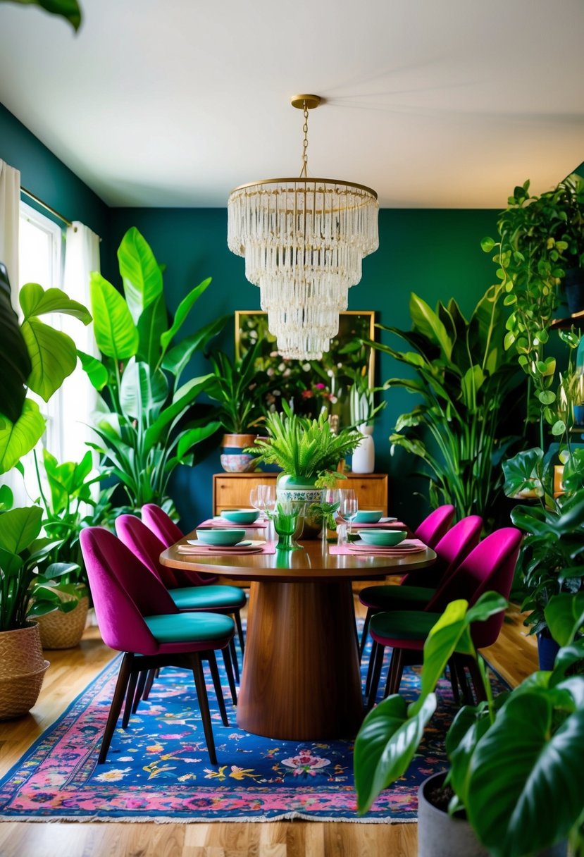 A vibrant dining room filled with lush, leafy indoor plants creating a maximalist atmosphere