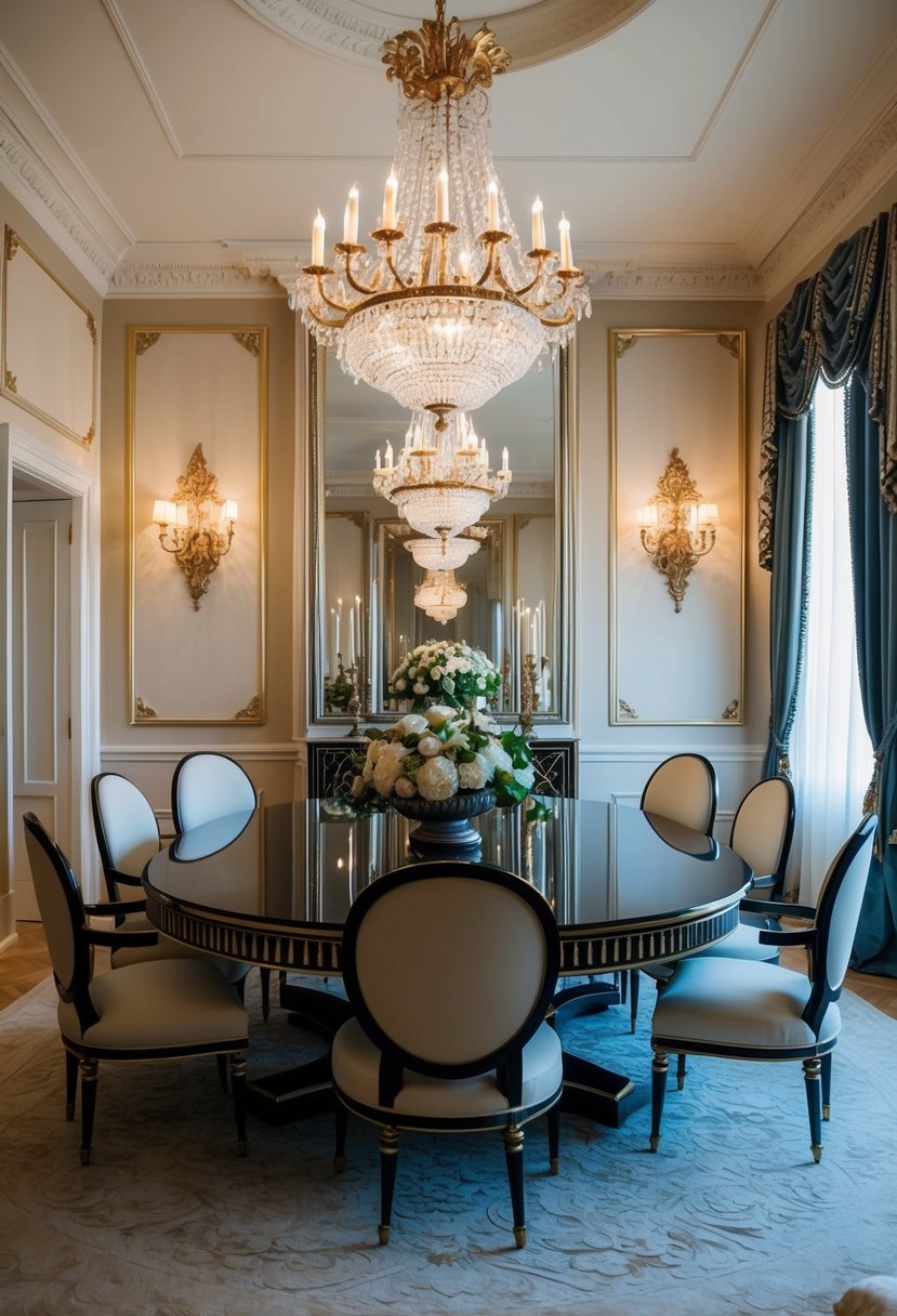 A grand dining room with ornate art deco wall sconces, opulent furnishings, and luxurious maximalist decor