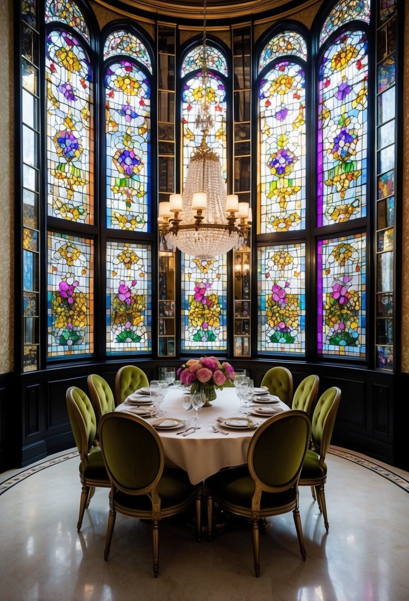A large, colorful stained glass window dominates a lavish dining room filled with eclectic, maximalist decor