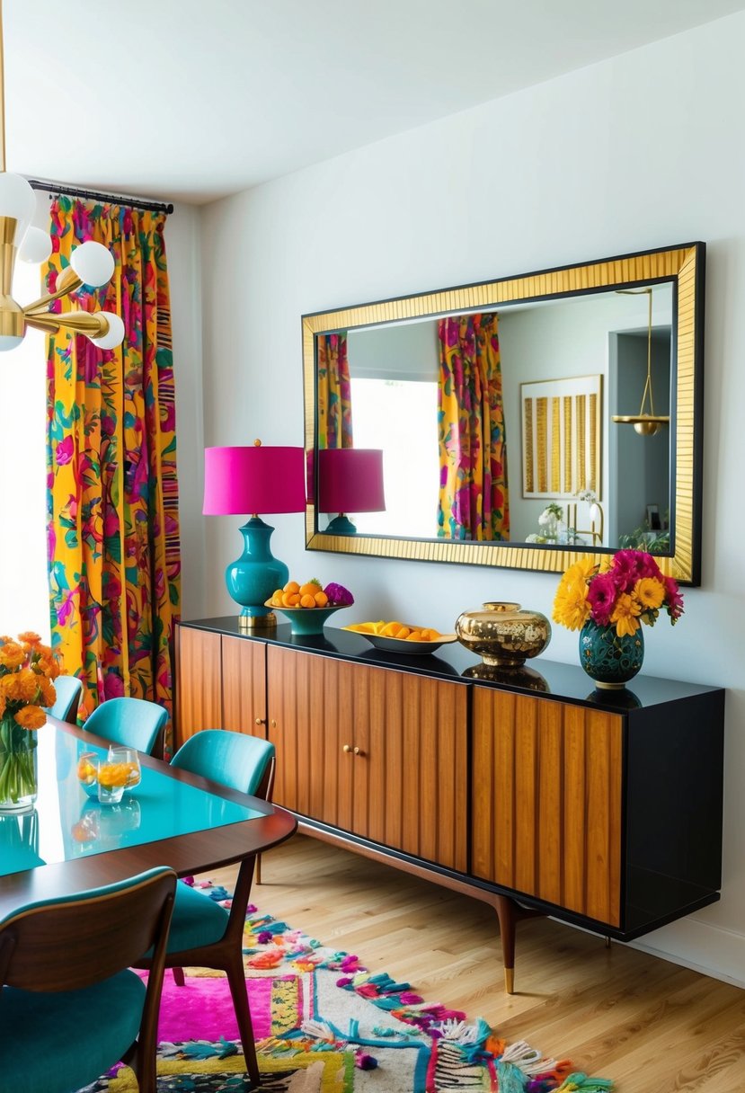 A mid-century modern sideboard surrounded by vibrant, eclectic decor in a maximalist dining room