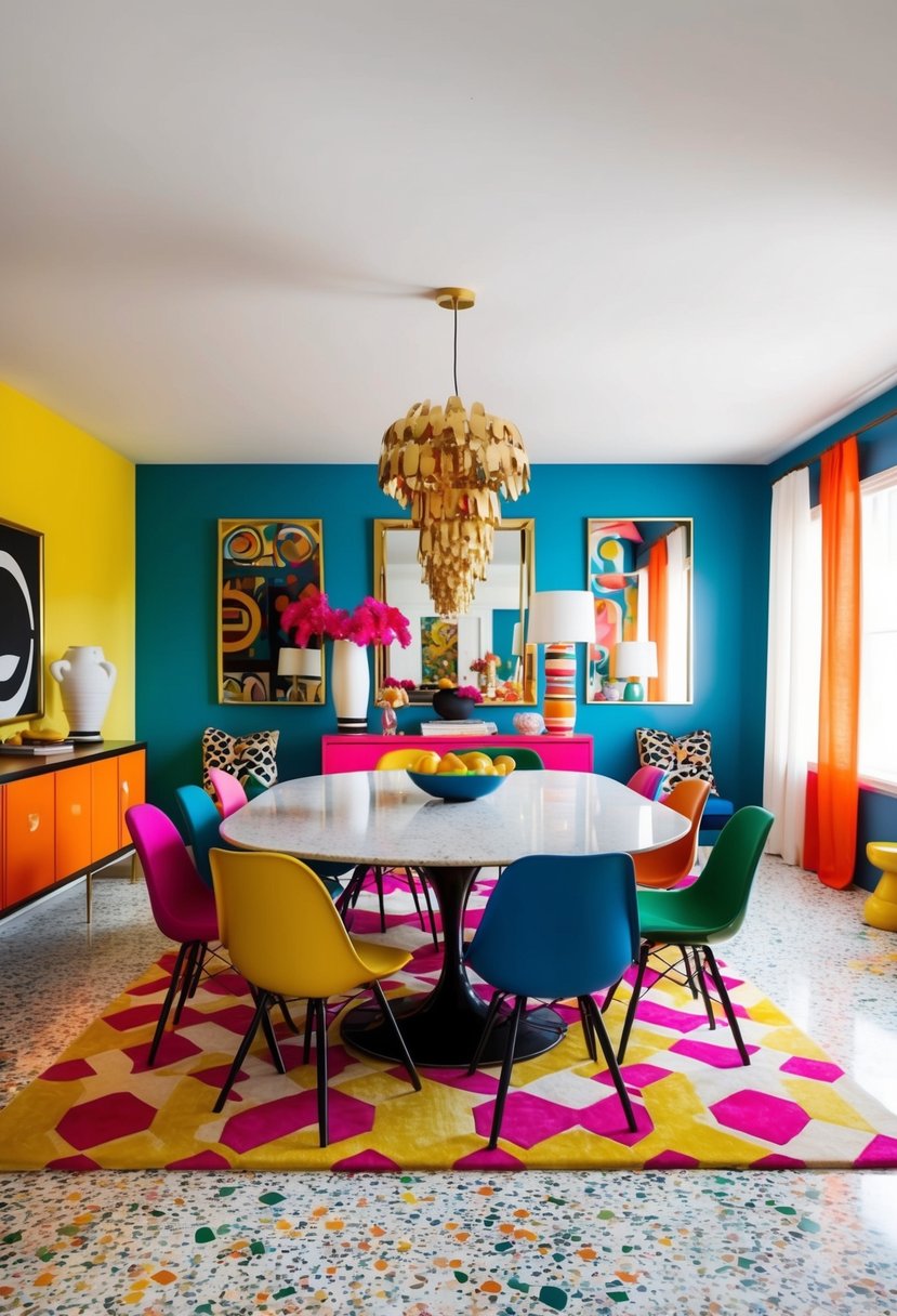 A vibrant, eclectic dining room with statement terrazzo flooring and bold, maximalist decor