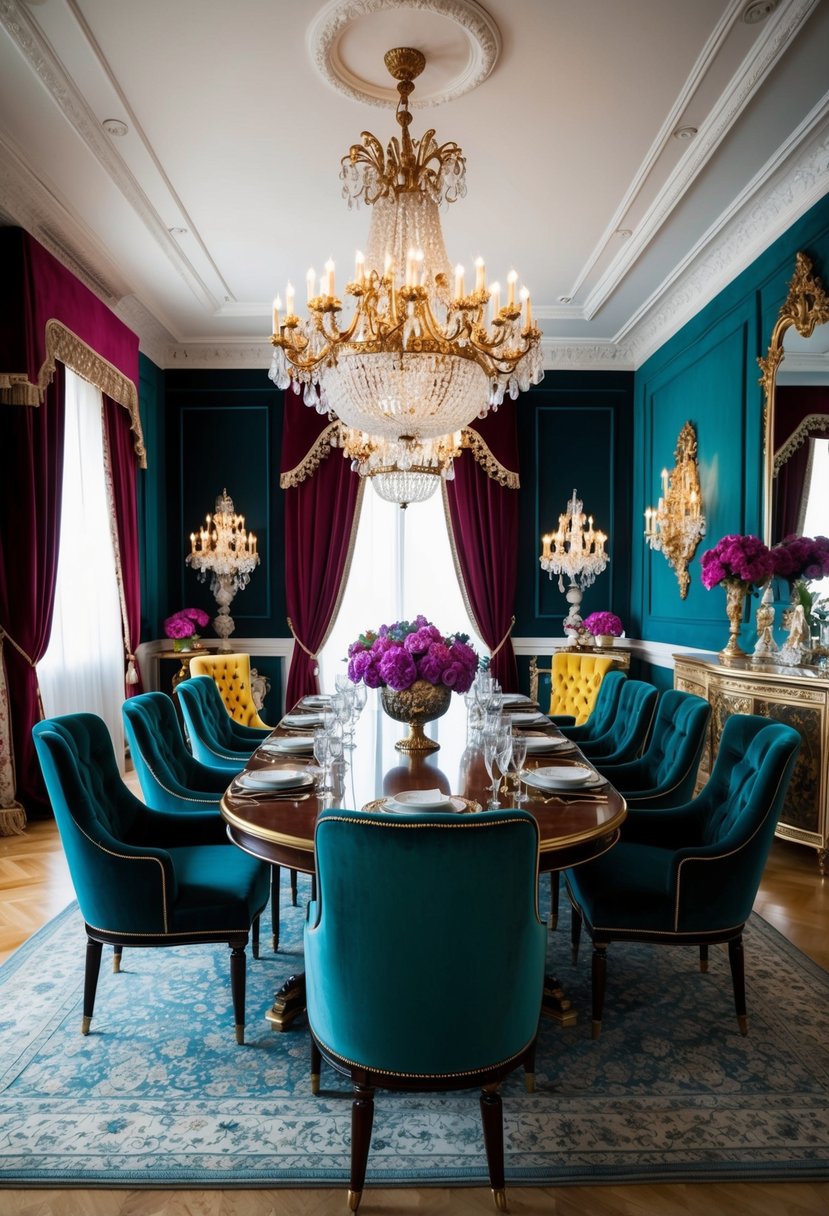Richly colored velvet armchairs surround a grand dining table in a lavishly decorated room. Ornate chandeliers and opulent decor complete the maximalist style