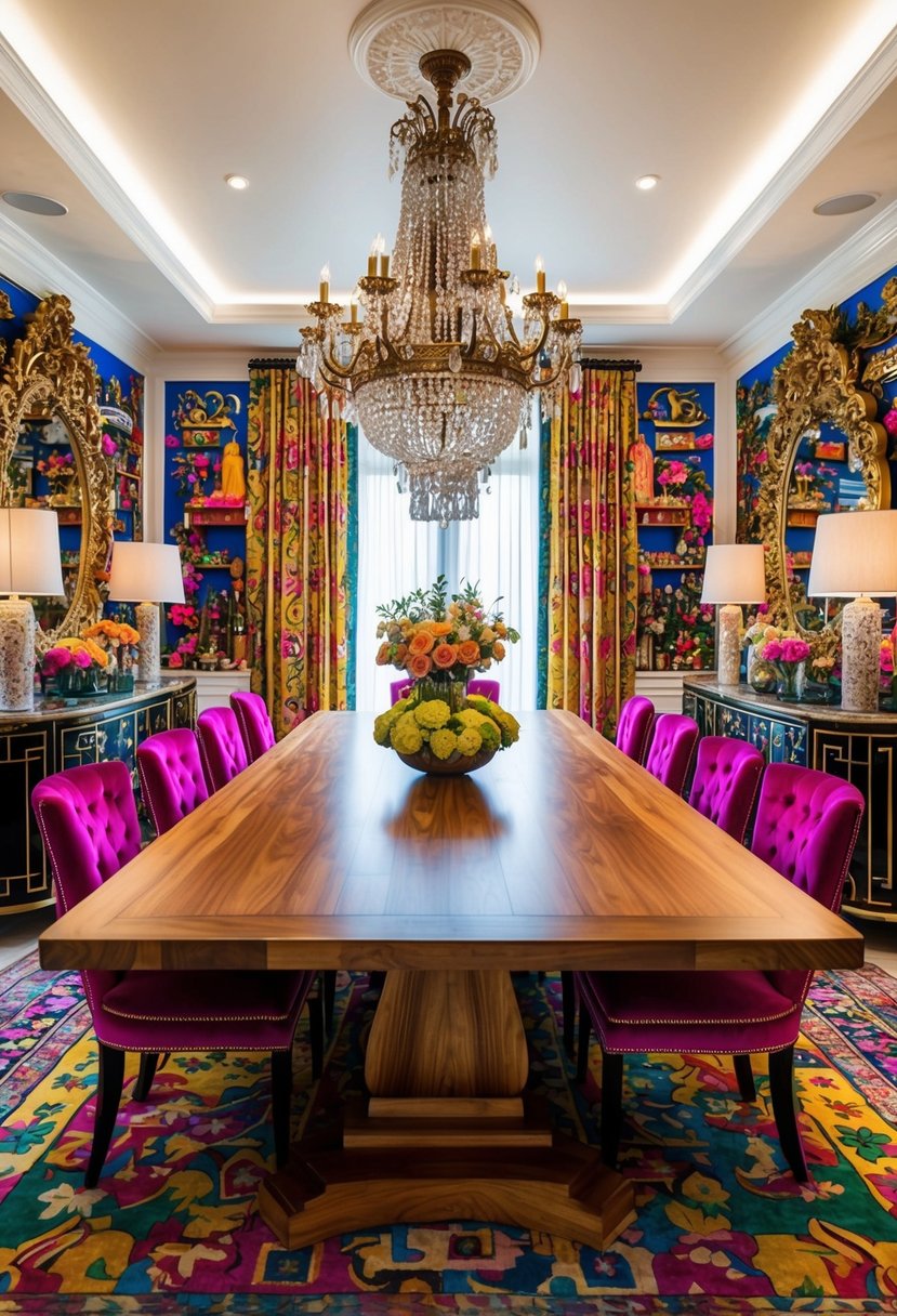 A grand, custom-made wooden dining table surrounded by vibrant, eclectic decor in a luxurious, maximalist dining room