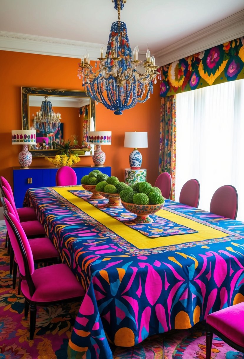 A bold, patterned tablecloth adorns a grand dining table in a vibrant, maximalist dining room. Rich colors and eclectic decor fill the space