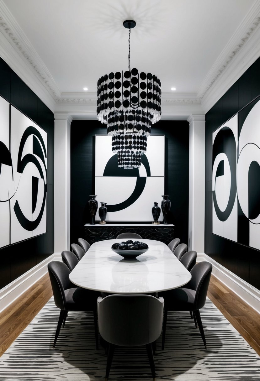 A grand dining room with bold, monochrome abstract art covering the walls and a maximalist design aesthetic